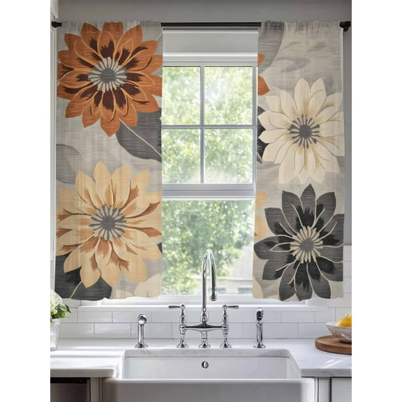 Burnt Orange Grey Black Flower Sheer Curtains for Living Room Bedroom Spring Floral Botanical Sheer Curtains 63 Inch Long 2 Panels Set Light Filtering Curtain Window Treatments Drapes for Dining Room