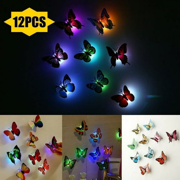 12pcs Beautiful 3D Butterfly Wall Decals Removable, LED Color Changing Night Light DIY Home Decorations Art Wall Stickers & Murals for Babys Bedroom TV Background Living Room