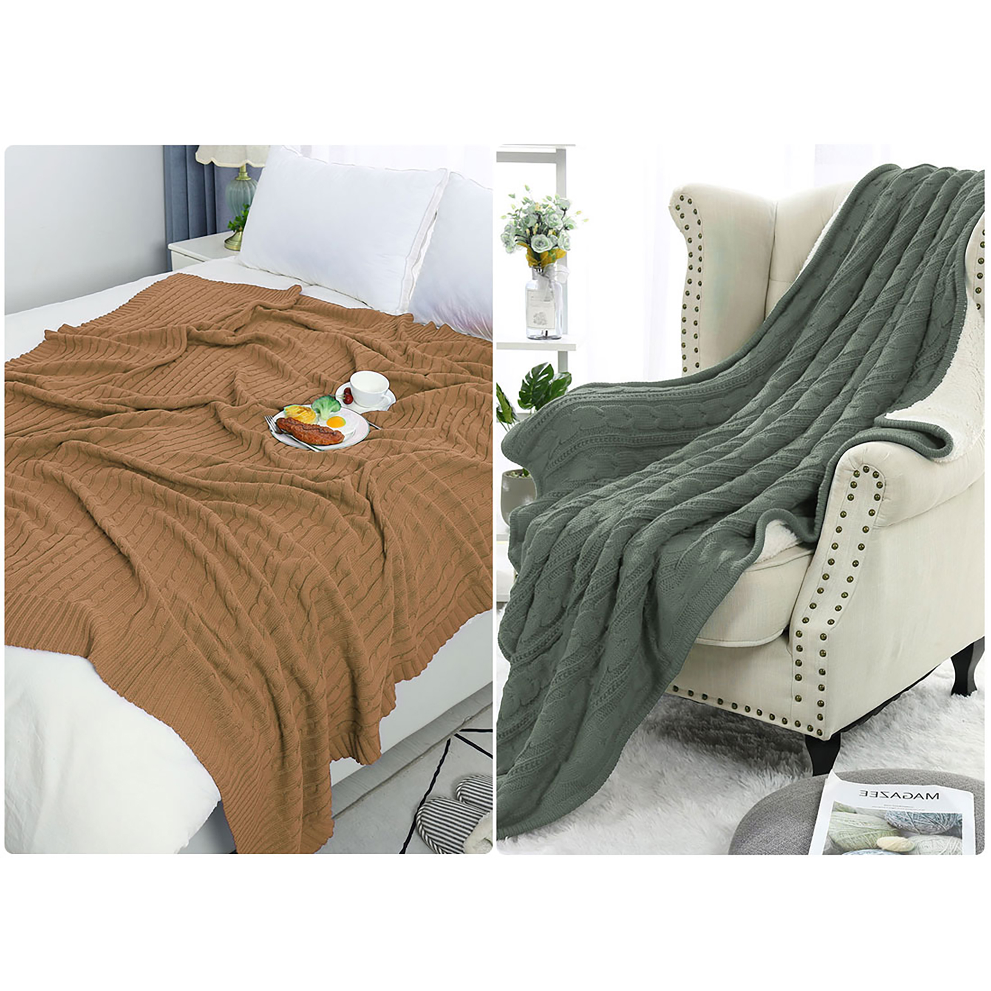 Cable Knit Sherpa Throw Blanket Sofa Home Decor 100 Cotton Knit Cotton