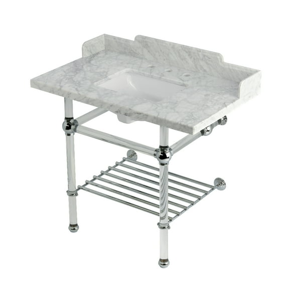 Kingston Brass LMS3630MASQB1 Pemberton 36" Carrara Marble Console Sink with Acrylic Legs and Shelf (8-Inch, 3-Hole), Carrara Marble White/Polished Chrome