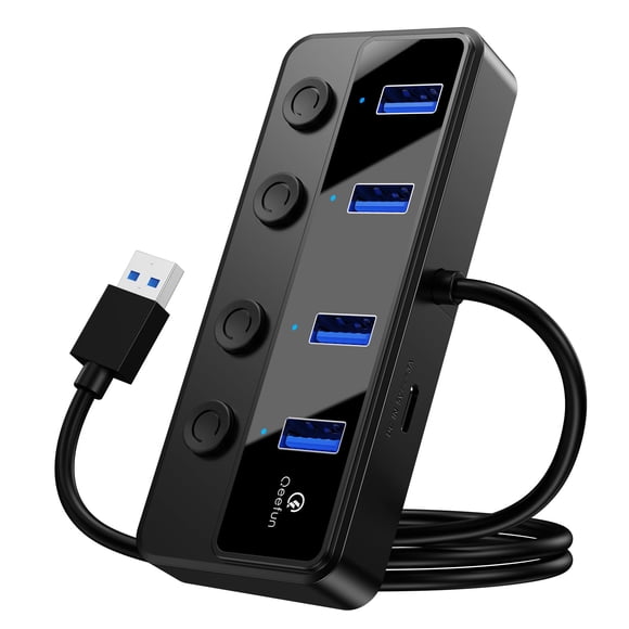 Hub USB Qeefun USB 3.0 de 4 puertos con interruptores de alimentación LED individuales