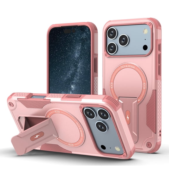 Moreoy Magnetic Case for iPhone 18 Pro Max with Kickstand, Compatible with MagSafe, Heavy Duty Shockproof Drop Protection Bumper Hybrid Dual Layer Armor Hard Protective Phone Case Cover,Pink