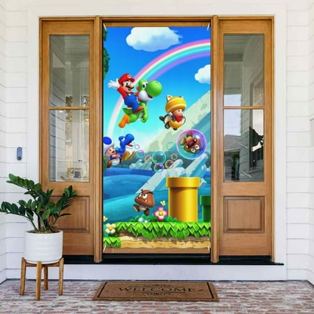 Luigi Super Mario Door Cover Decorated Banner Tapestry Home Decoration Holiday Party Supplies Door Banner Porch Sign Banner 72.8 x 35.4 Inch