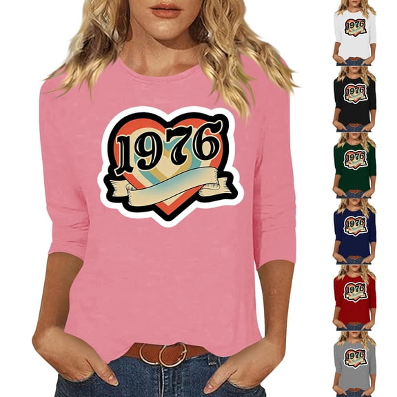 Summer T Shirts For Women Crew Neck 3/4 Length Sleeve Pullover Tops 1976 Graphic Print Casual Comfy Tees (XL, Pink)
