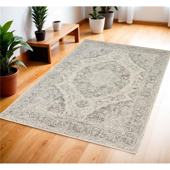 HomeRoots 553268 4 x 6 ft. Floral Medallion Distressed Rectangle Area Rug, Ivory & Gray