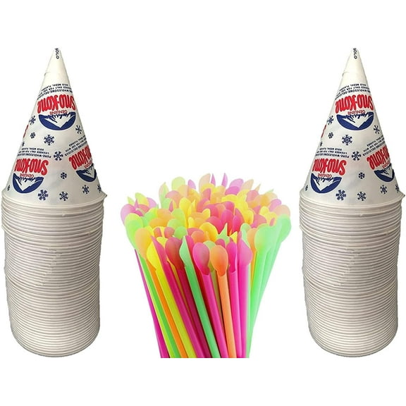 Concession Essentials 100 Count 6oz Snow Cone Cups with 100 8" Neon Spoon Straws, Pack of 200ct (100 cups/100 straws)