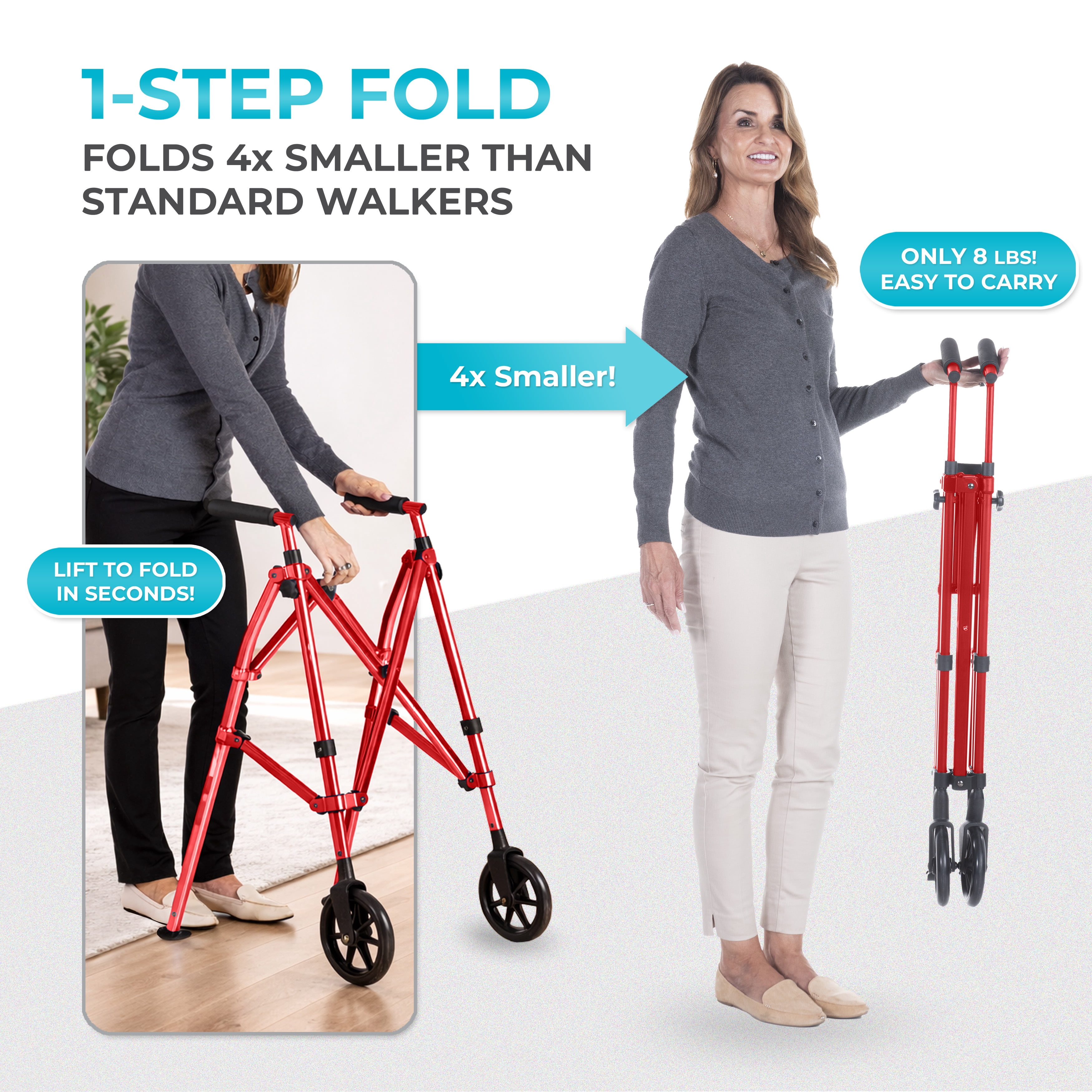 Stander Space Saver Walker, Lightweight Folding Walker for Seniors, Adult Walker with Wheels, Two Wheeled Rolling Walker with Rear Ski Glides, Sport Red
