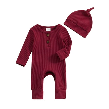 

Qtinghua Newborn Baby Girl Boy Jumpsuit Solid Color Ribbed Long Sleeve Full Length Romper with Hat Spring Fall Outfits Red Newborn