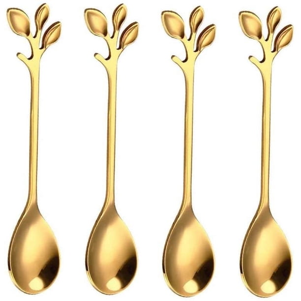 Paquete de 4 cucharas de café de hoja de acero inoxidable, cucharas de postre, mezcla de azúcar, agitación, helado, pastel, cucharadita de 4,9 pulgadas, dorado-dorado- brillar Electrónica