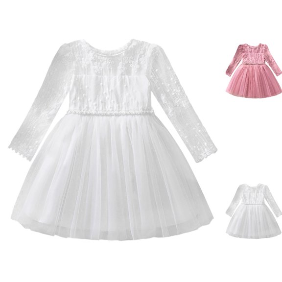 HJYCHN Dresses for Girls Long Sleeve Lace Formal Dress with Pearl Accents and Tiered Tulle Skirt for Toddler Dress 18-24 Months