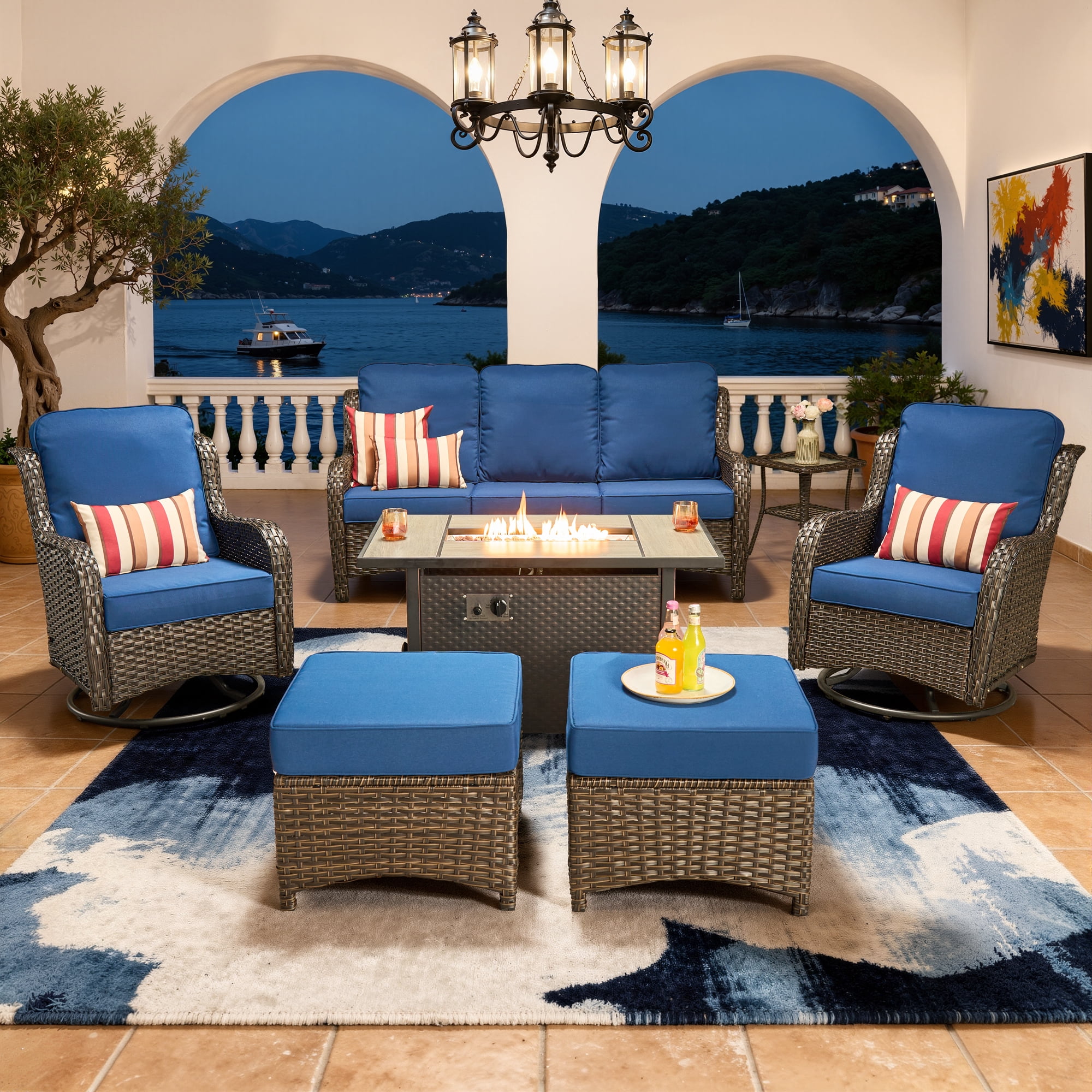 Vcatnet Outdoor Patio Furniture with Fire Pit 7 Pieces Sectioal Sofa All Weather Wicker High-Back Conversation Set with Swivel Glider Rockers, Navy Blue