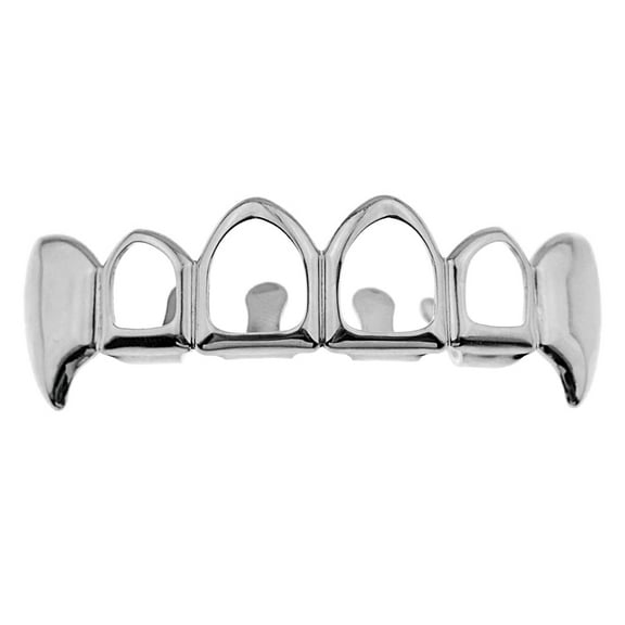 Fang Grillz Four 4 Open Face Teeth Silver Tone Upper Top Fangs Vampire Hip Hop Grills