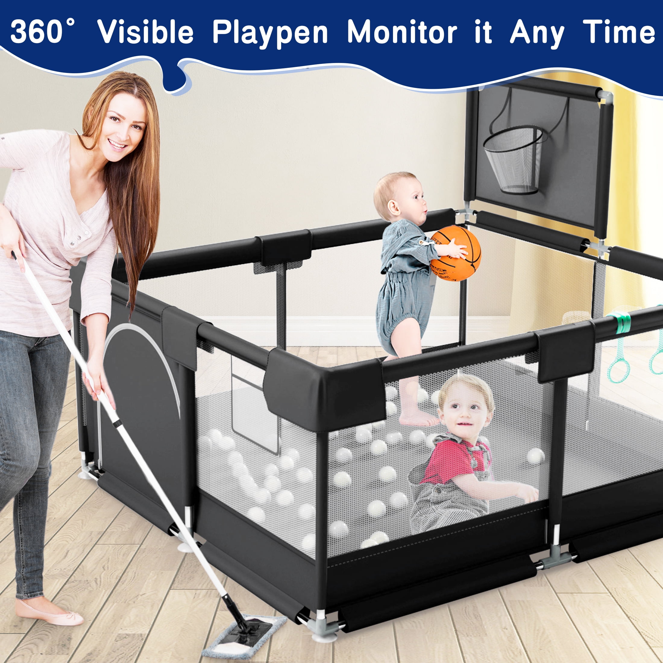 HioHa Baby Playpen, Baby Playard with Basketball Hoop, Portable Play Yard Baby Fences for Infant Toddler