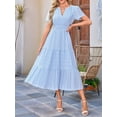 thumbnail image 2 of Womens Summer Casual Light-Weight Short Sleeve V Neck Elastic Waist Boho Beach Midi Dress Pockets Light Blue XXL, 2 of 7