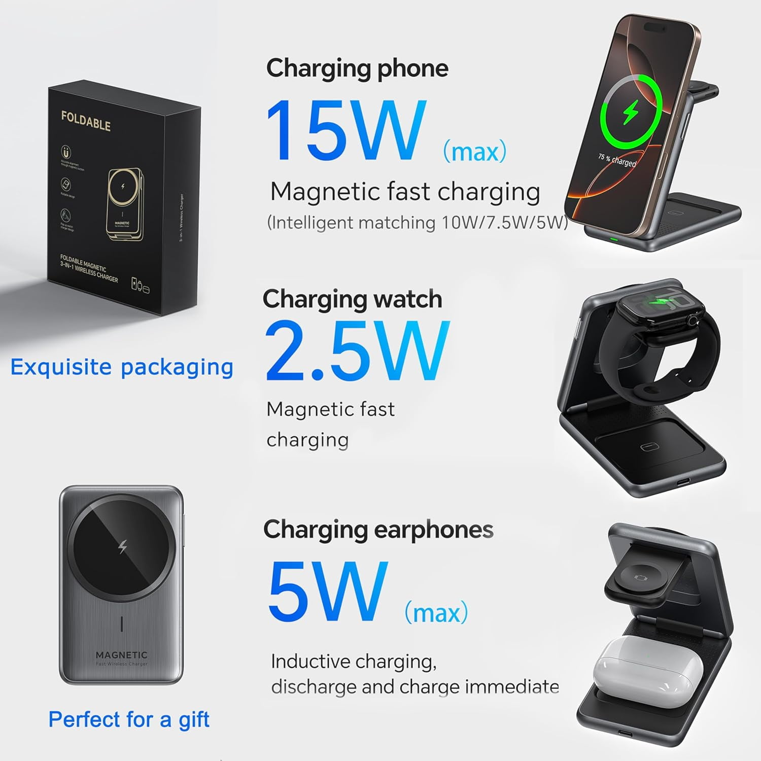 3 in 1 Wireless Charger for iPhone,for iPhone16/15/14/13/12 ,Apple Watch/AirPods,with Magsafe Charger Upgraded Metallic.