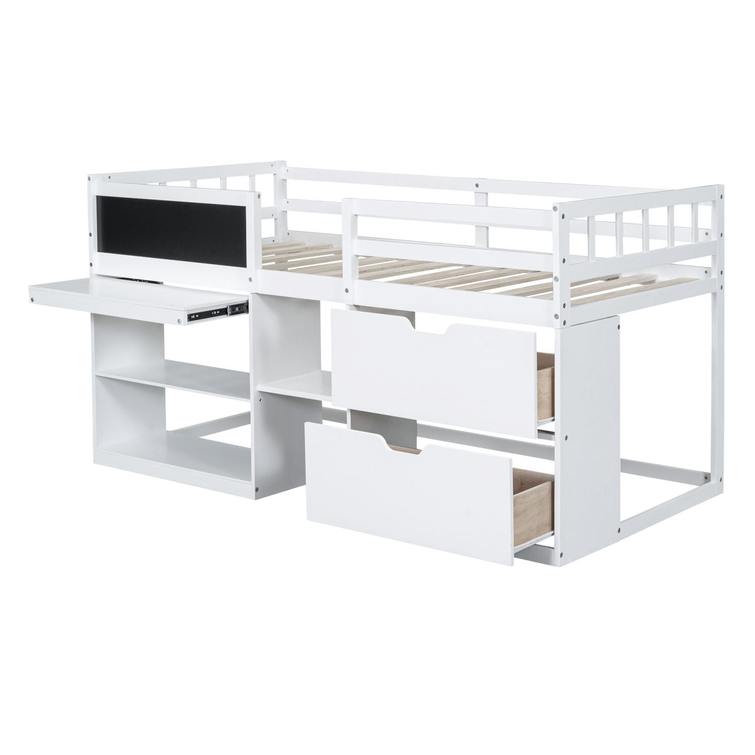 Asteroutdoor Twin Size Low Loft Bed with Rolling Desk, Shelf and Drawers - White