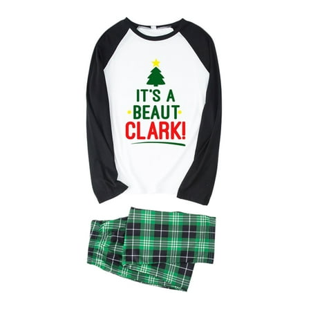 

LSFYSZD Christmas Pajamas for Family Long Sleeve Letter Print Raglan Tops + Plaid Pants Set