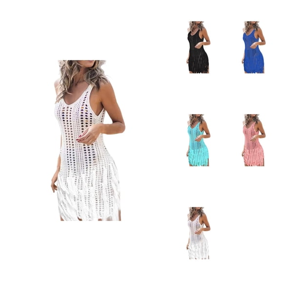 Womens Plus Size Knit Crochet Swimsuit Cover-Up, Solid Sleeveless V-Neck Beach Dress with Side Slit & Hollow-Out Design
