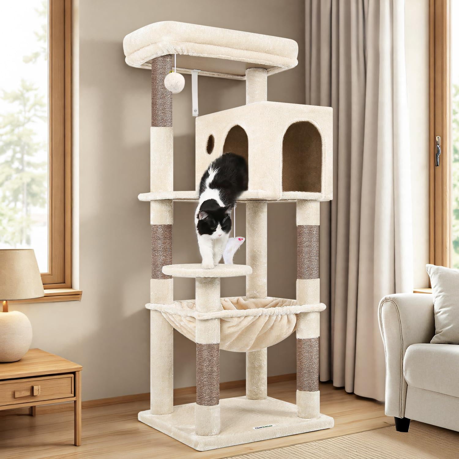 Cat Tree Tower With For Indoor Cats  53inch Tall Plush Multi-level Climbing Condo House Large Hammock Spacious Cave Big Padded Top Perch Bed F53 Beige