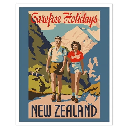New Zealand - Carefree Holidays - Mountain Hiking - Vintage Travel Poster c.1930 - Fine Art Matte Paper Print (Unframed) 16x20in