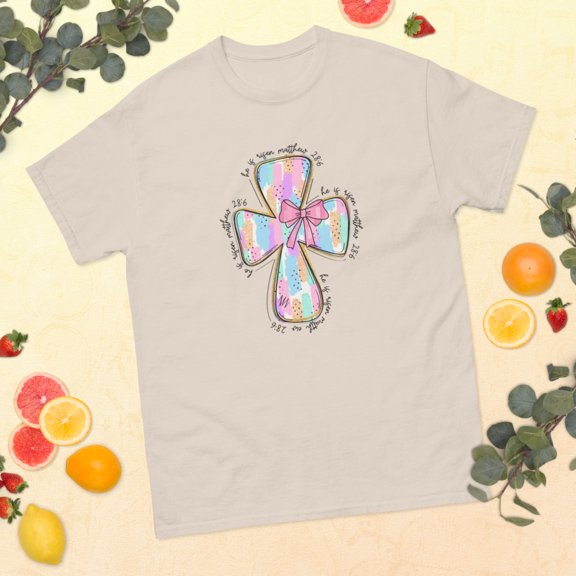 He is Risen Bible Verse, Cross, Christian, Pastel Colored, Religious T-Shirt (Natural, S)