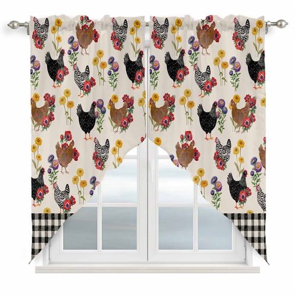 Farmhouse Rooster Swag Curtains for Kitchen/Bedroom/Living Room, Vintage Watercolor Flowers Black Plaid Scalloped Curtains 63 Inch Long, Window Swag Topper Curtains Valances 2 Panels Set 36"x63"