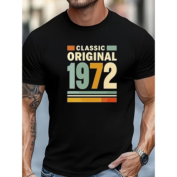 Men's 1972 Vintage Short Sleeve T-Shirt - Soft Round Neck Casual Tee with Classic 1972 Print, Solid Color Base & Digital Technology Design (Machine Washable) - Retro Style for Casual Attire