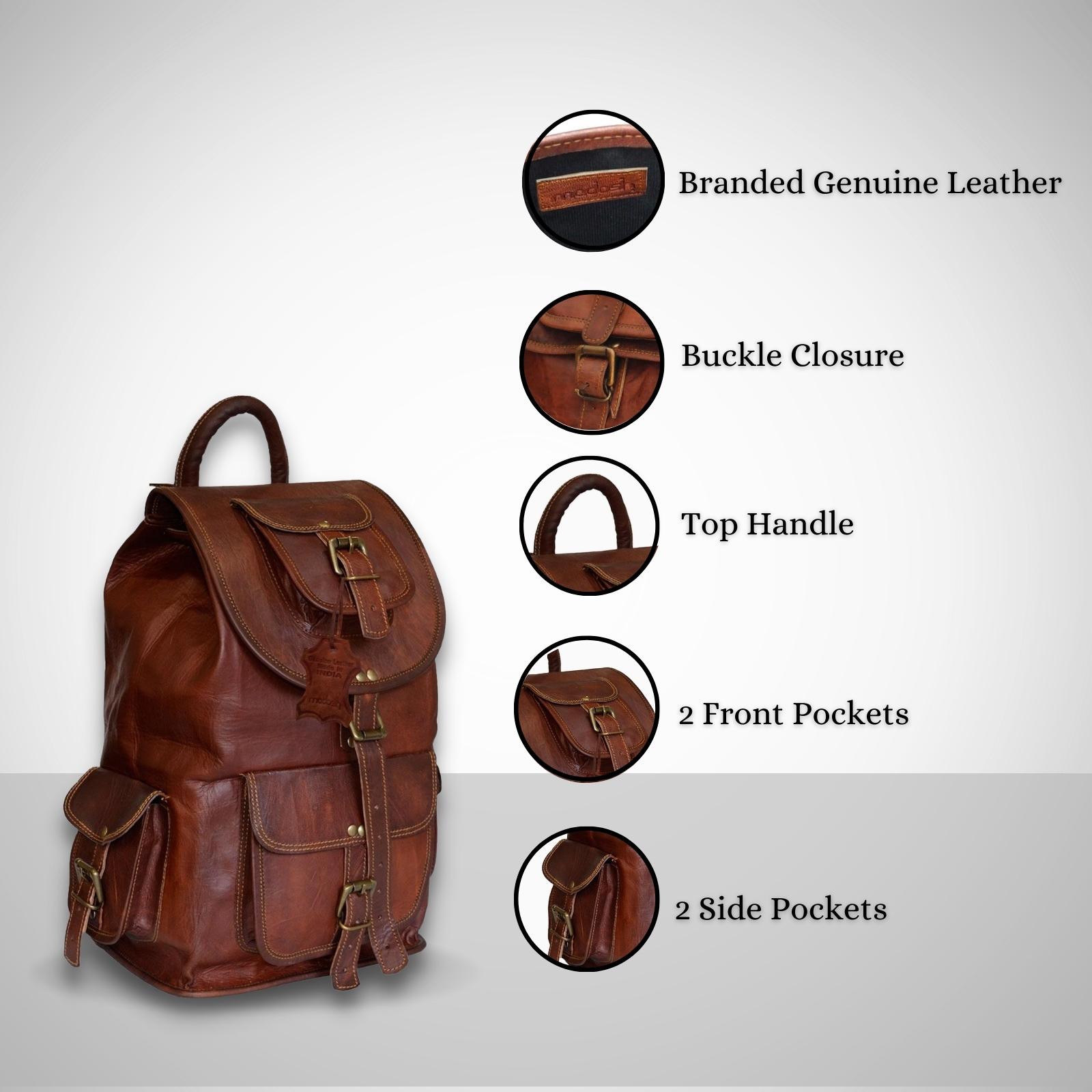 Madosh Genuine Leather Backpacks Hiking Rucksack Brown Camping Daypacks Travel Luggage Bag - image 4 of 6