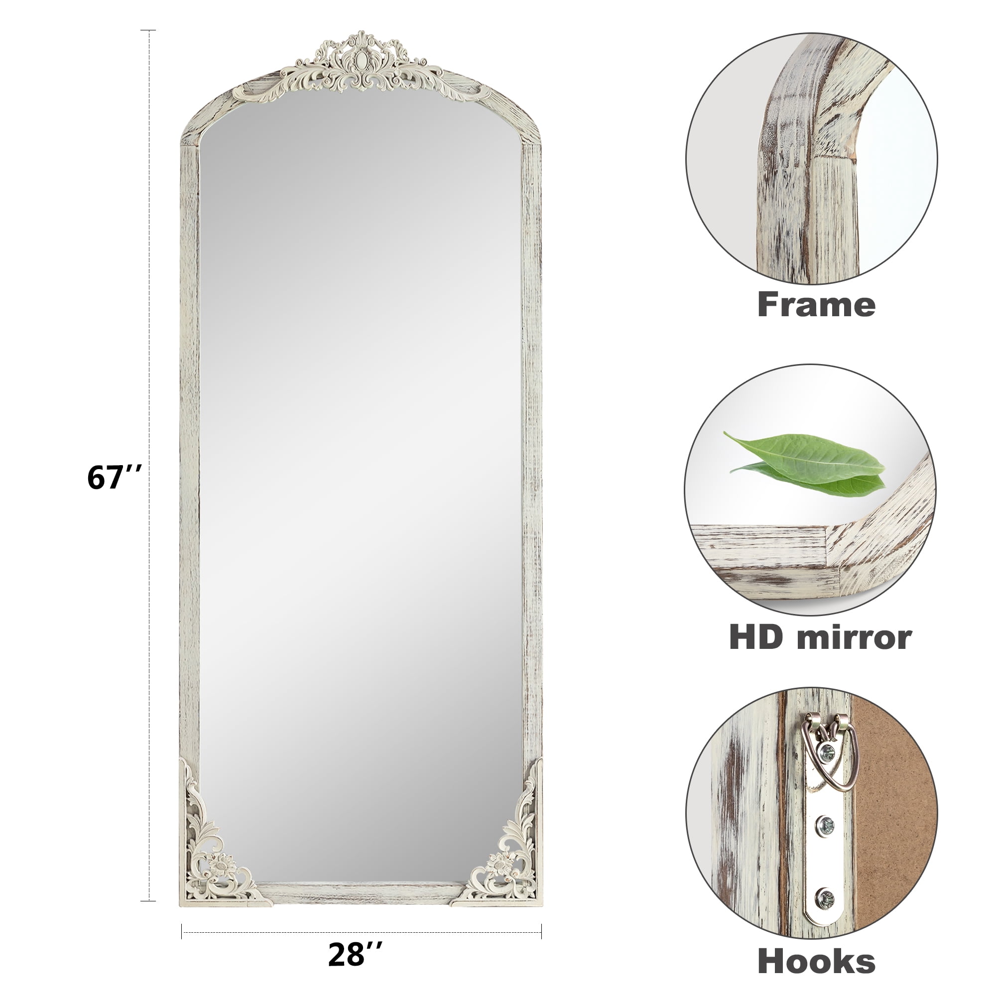 67"x28" Arch Full-Length Vintage Mirror, Weathered White