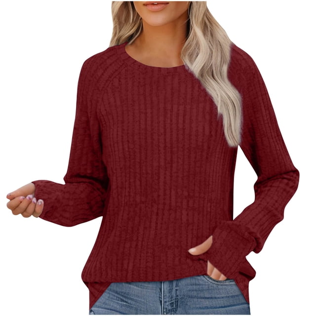 Women's Lightweight Sweater with Thumb Hole Pullover Blouses Casual Long Sleeve Ribbed Knit Tops Crewneck Shirts