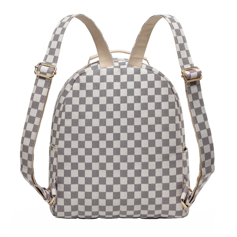 Daisy Rose Checkered Backpack Bag - Luxury PU Vegan Leather- Cream