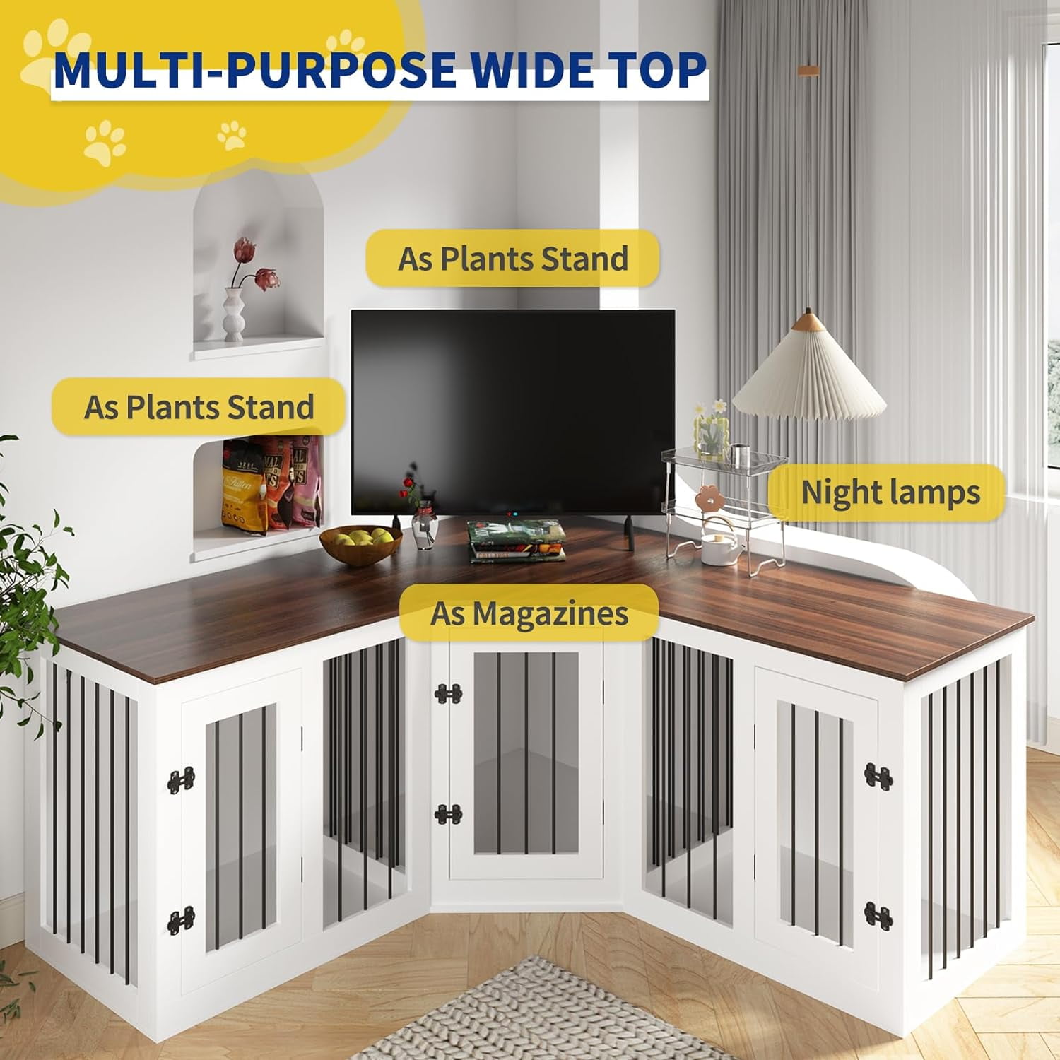 Large Dog Crate Furniture for 3 Dogs, Cuoote 113" Corner Dog Kennel, 3-in-1 Heavy Duty Indoor Wooden Crate for Small, Medium & Large Dogs