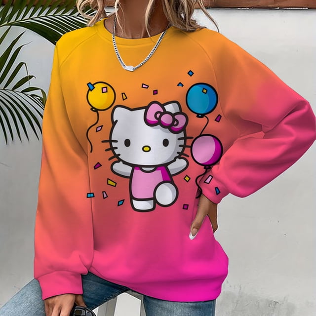 Sudadera estampada de Hello Kitty para mujer, sudadera con capucha navideña para mujer, ropa con estampado Y2K, suéter informal de cuello redondo
