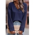 thumbnail image 1 of Women's Blue Ribbed Texture Lace Trim V Neck Long Sleeve Top, 1 of 5