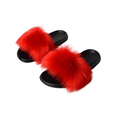

GENILU Ladies Fashion Casual Fluffy Slides Slip On Indoor Outdoor Open Toe Flat Sandals Red 7-7.5