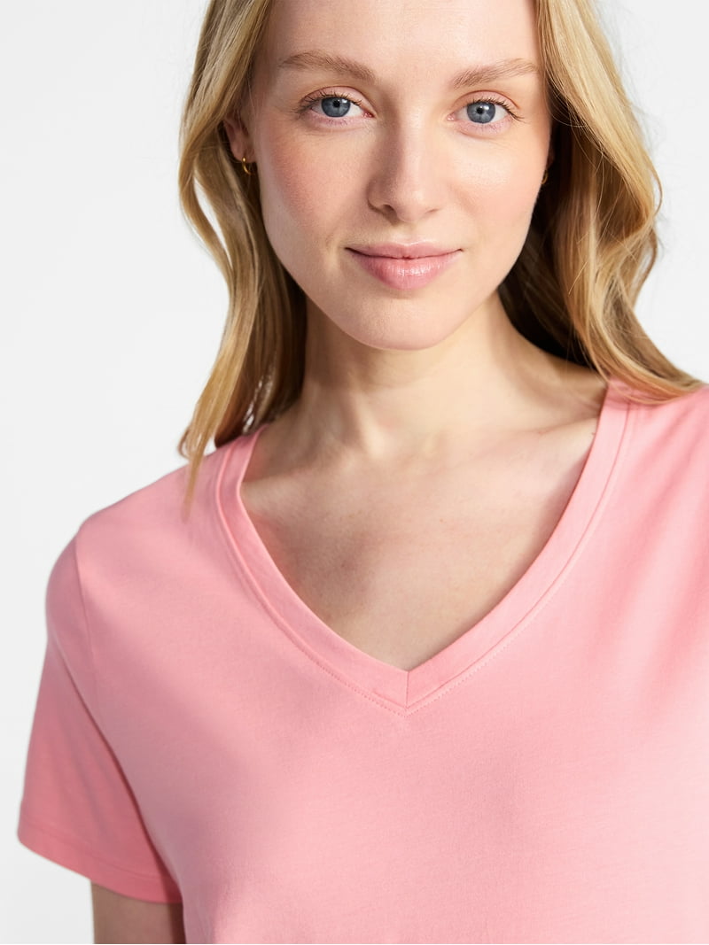 Time and Tru Women's Cotton V-Neck Tee with Short Sleeves, Sizes