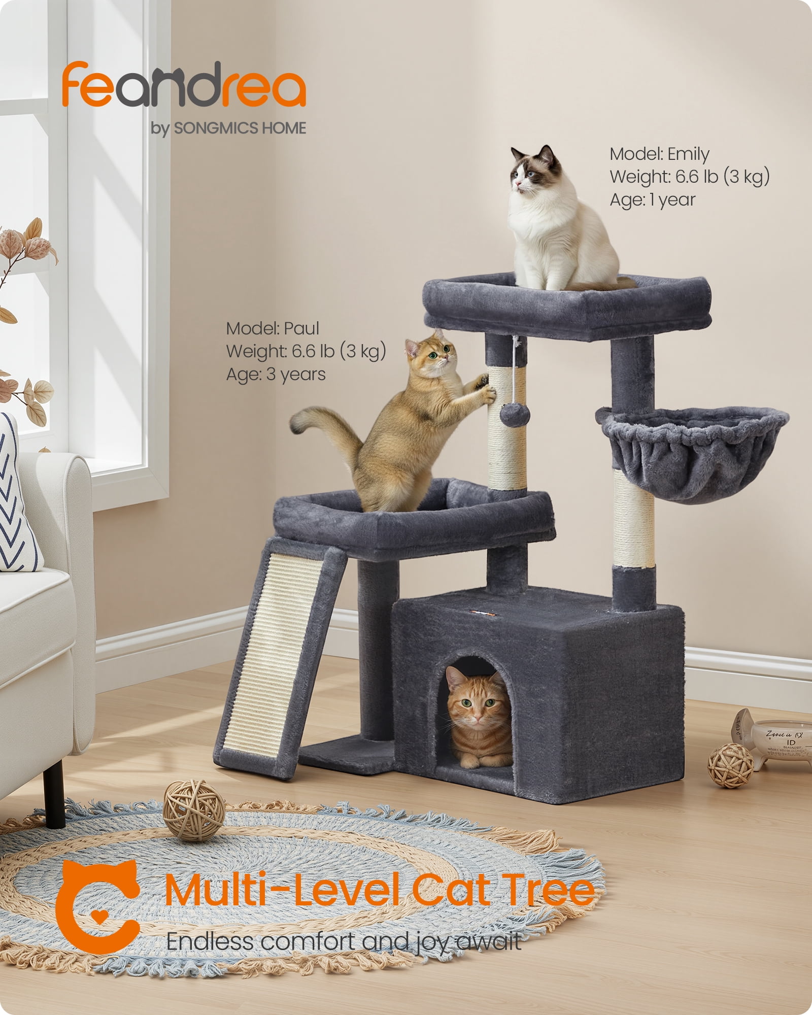 Feandrea Cat Tree, Cat Tower Condo with Scratching Posts and Ramp, 2 Large Perches, Cave, Basket, 33.8 Inches Tall, Dark Gray