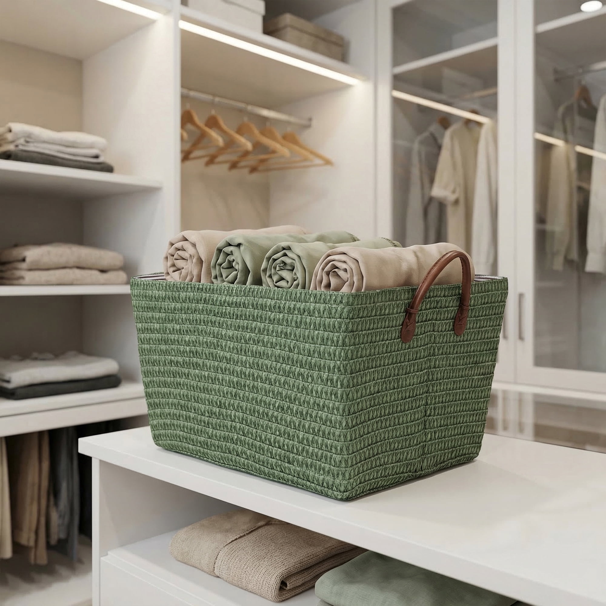 Unique Bargains Good-quality Woven Shelf Closet Storage Bin Green 17.7*13.8*9.8in