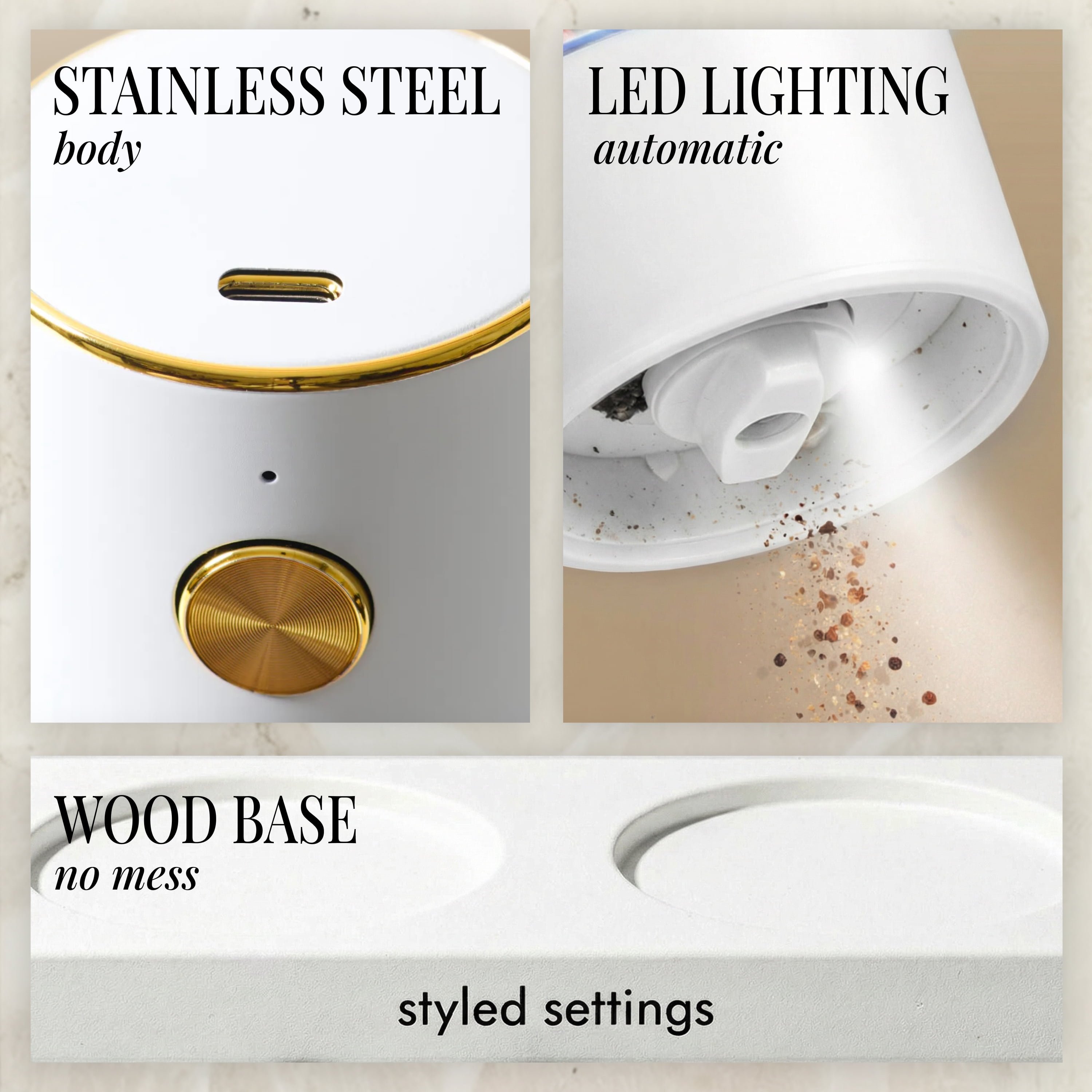 Rechargeable Electric Salt and Pepper Grinder Set – White Stainless Steel, USB-C Charging, Adjustable Coarseness, LED Light