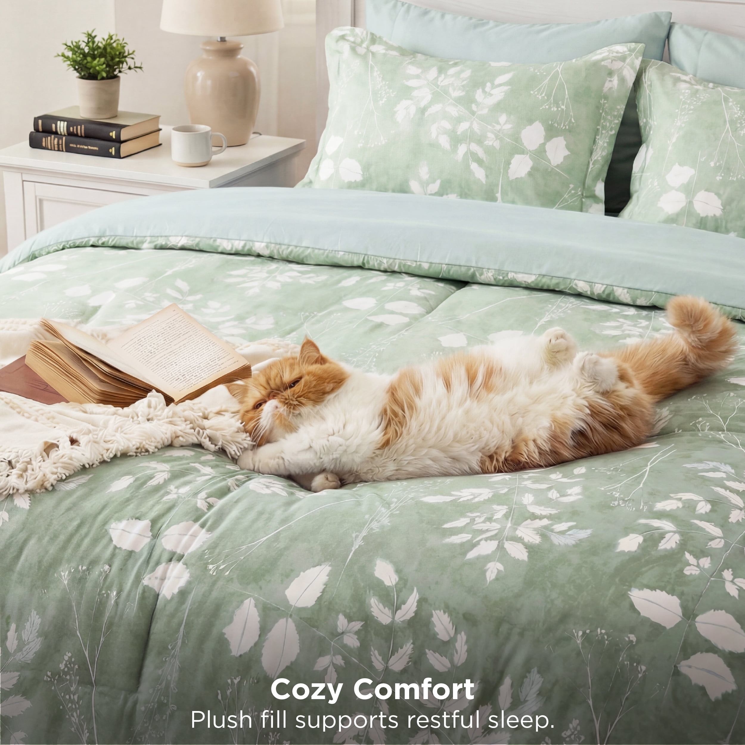 U by Bedsure Queen Comforter Set Sage Green, Bed in a Bag Queen Size Bedding, 7-Pieces Botanical Flowers Spring Comforter, Sheets, Pillowcases & Shams