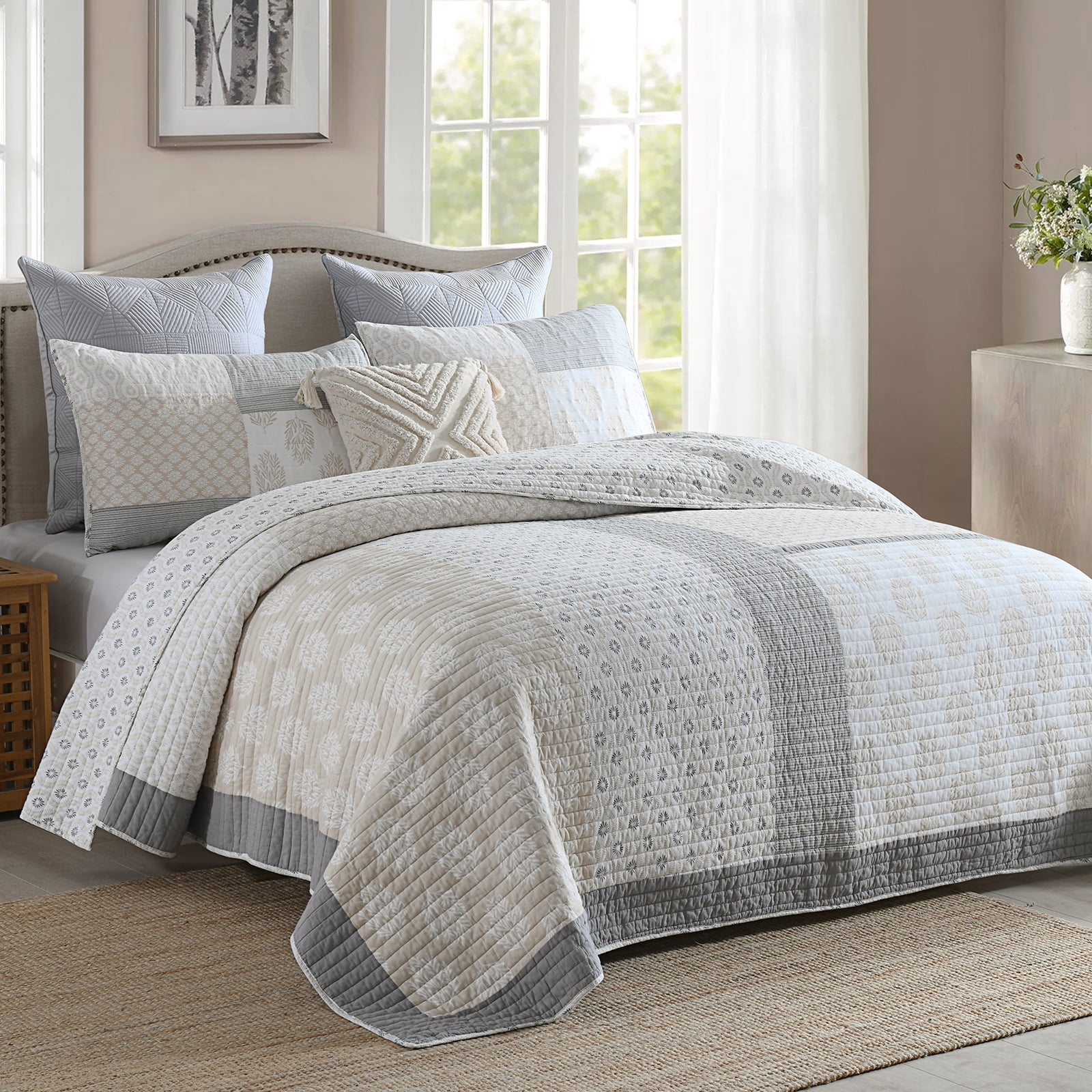 Bedduvit Beige Gray King Size Quilt - 100% Organic Cotton Floral Real-Patchwork Plaid Reversible Quilted Bedspread for King Size Bed, Modern Farmhouse Lightweight All-Season 3-Piece Comforter Set