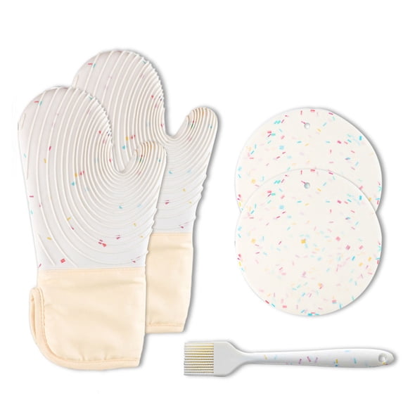 Extra Long Oven Mitts and PotHolders 5pcs Kitchen Oven Glove Hot Pads Heat Resistance 230℃ Oven Mitts with Non-Skid Silicone Surface Mitt Potholders for Baking Cooking BBQ (White)