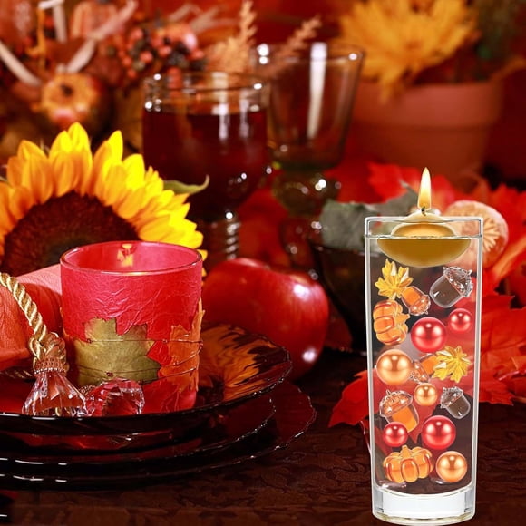 Set de rellenos para jarrones de otoño - 15 calabazas, 10 hojas de arce, 100+ cuentas - Decoración de plástico para Acción de Gracias para centros de mesa y mesa