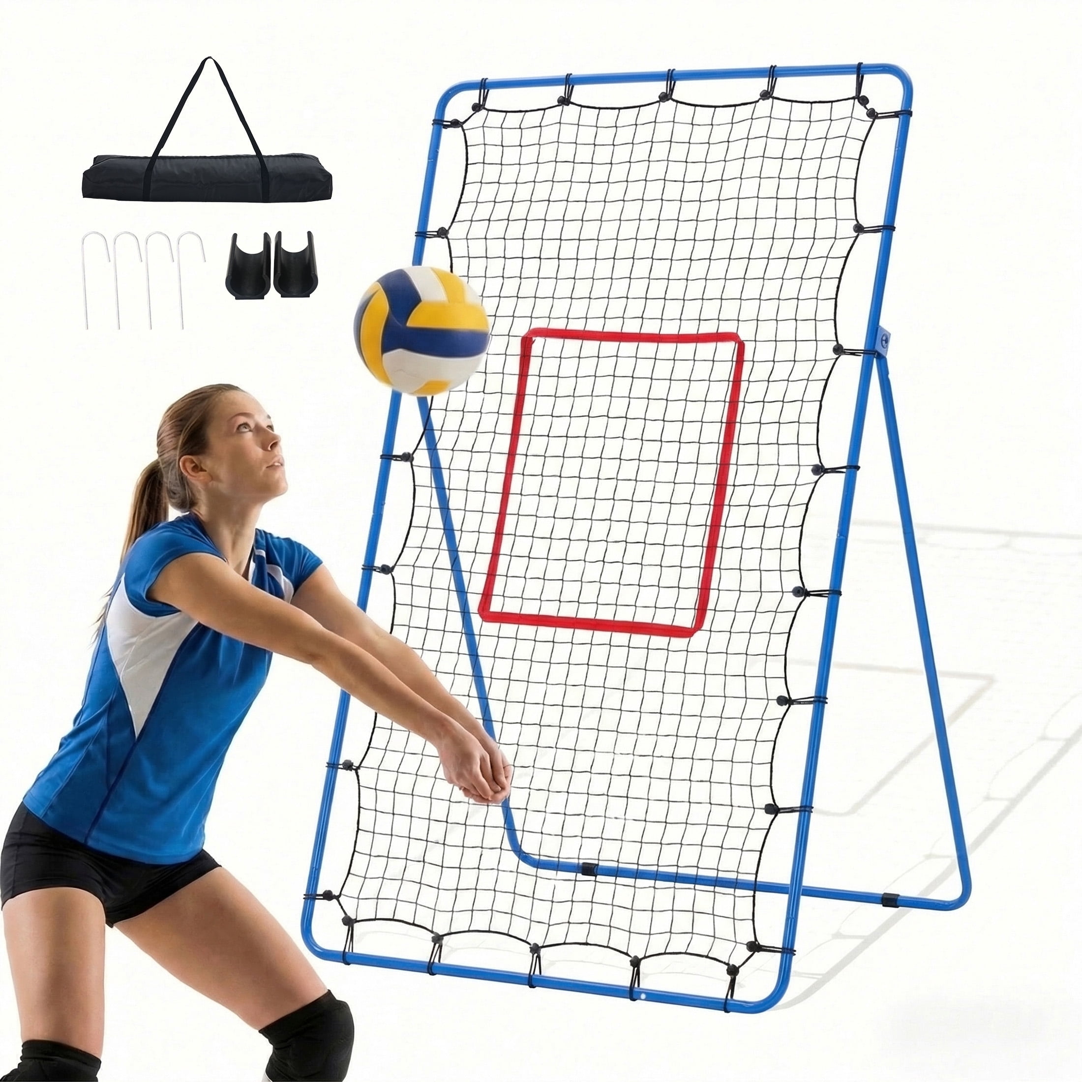 EDX Volleyball Rebounder Net with Travel Bag, Adjustable Angle Training Equipment for Solo Practice & Team Drills, Blue