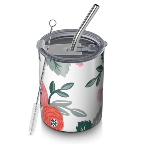 12oz Coffee Tumblers Pioneer Flower Floral Print Pattern Stainless Steel Vacuum Insulated Travel Tumbler Coffee Cups Mug with Lid and Straw with Cleaning Brush for Cold & Hot Drinks