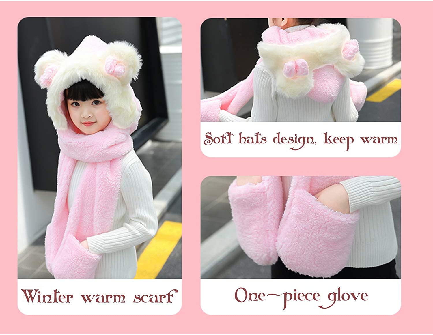 Kids Girls Boys Winter Warm Cartoon Dinosaur Fuzzy Fleece Scarf Hats Color : Beige, Size : 3-12 years Cute Hooded Scarf Earmuffs With Pockets Outdoors cap