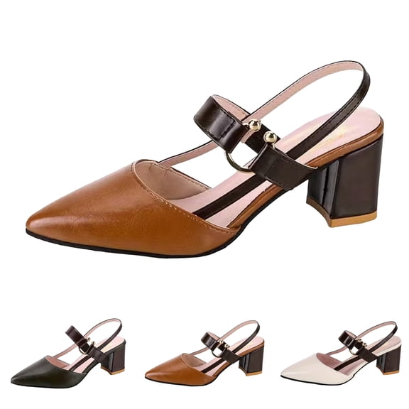 Modstep Women's Slingback Heels Closed Pointed Toe Wedding Party Dress Pumps Summer Chunky Heel Slip on Leather Dressy Shoes size 6 Beige