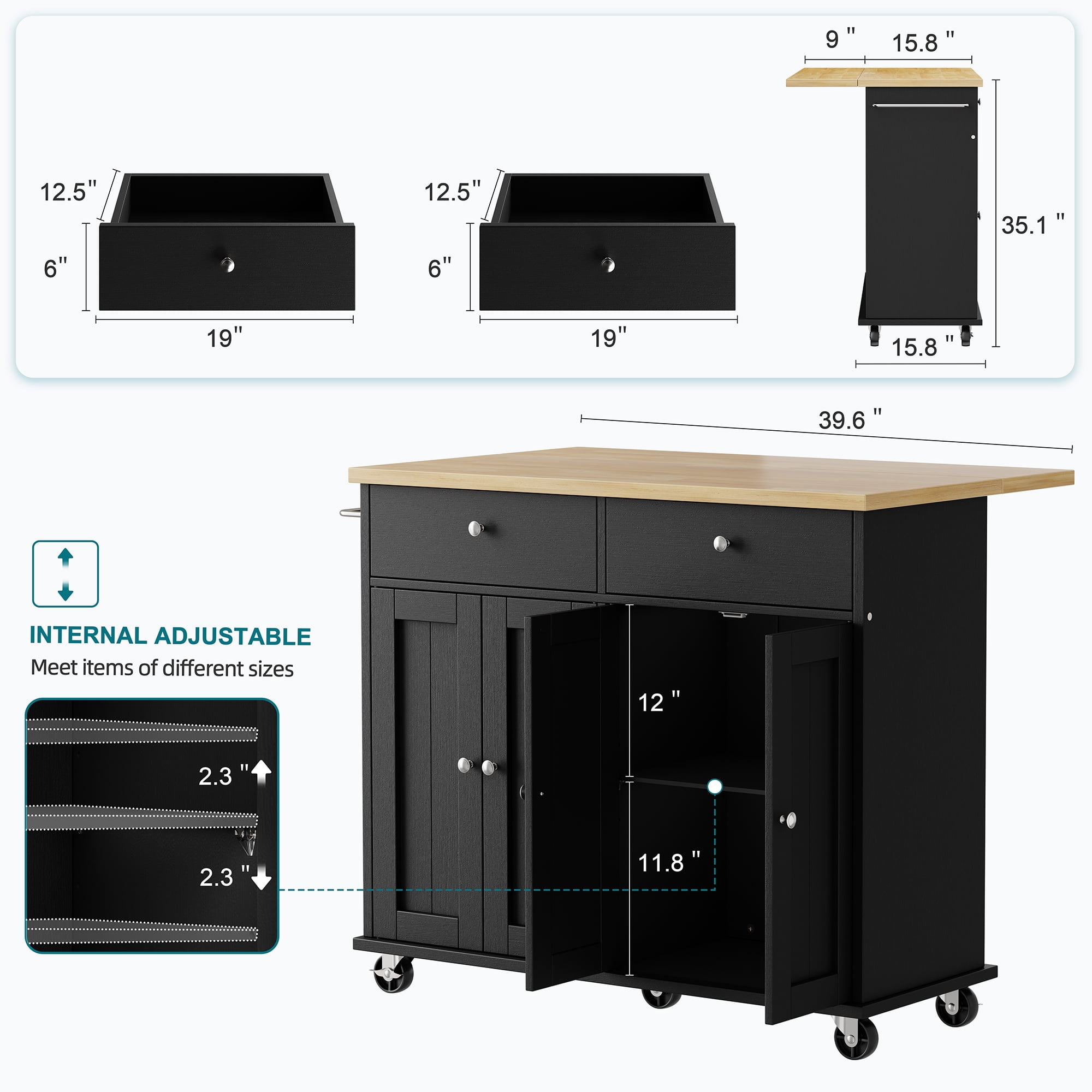 Walsunny Kitchen Islands Carts with Drop Leaf Table 2 Drawers 5 Wheels 4 Magnetic Doors Rolling Storage Cabinet Black
