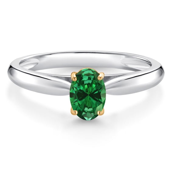 Gem Stone King 0.35 Ct Oval Green Created Emerald 925 Silver and 10K Yellow Gold Solitaire Engagement Ring (Size 6)