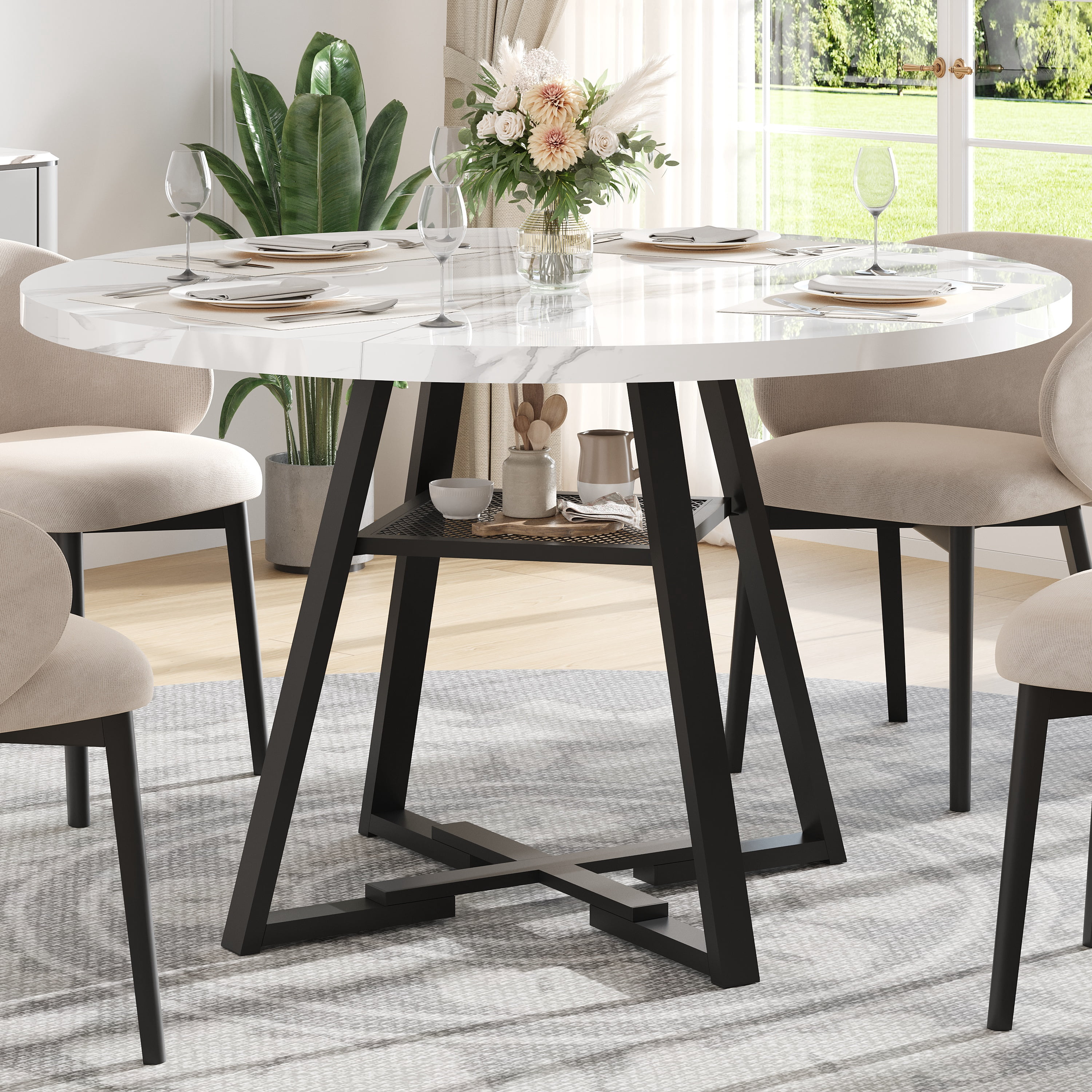 PAPROOS Round Dining Table, 43'' Faux Marble Dining Table with Storage Shelf, Circle Dining Table for Dining Room, Modern Kitchen Table for 4 People, White(Only Table)